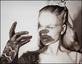 Mara Dvila. Masque, 2015. leo sobre tabla, 146 x 97 cm.