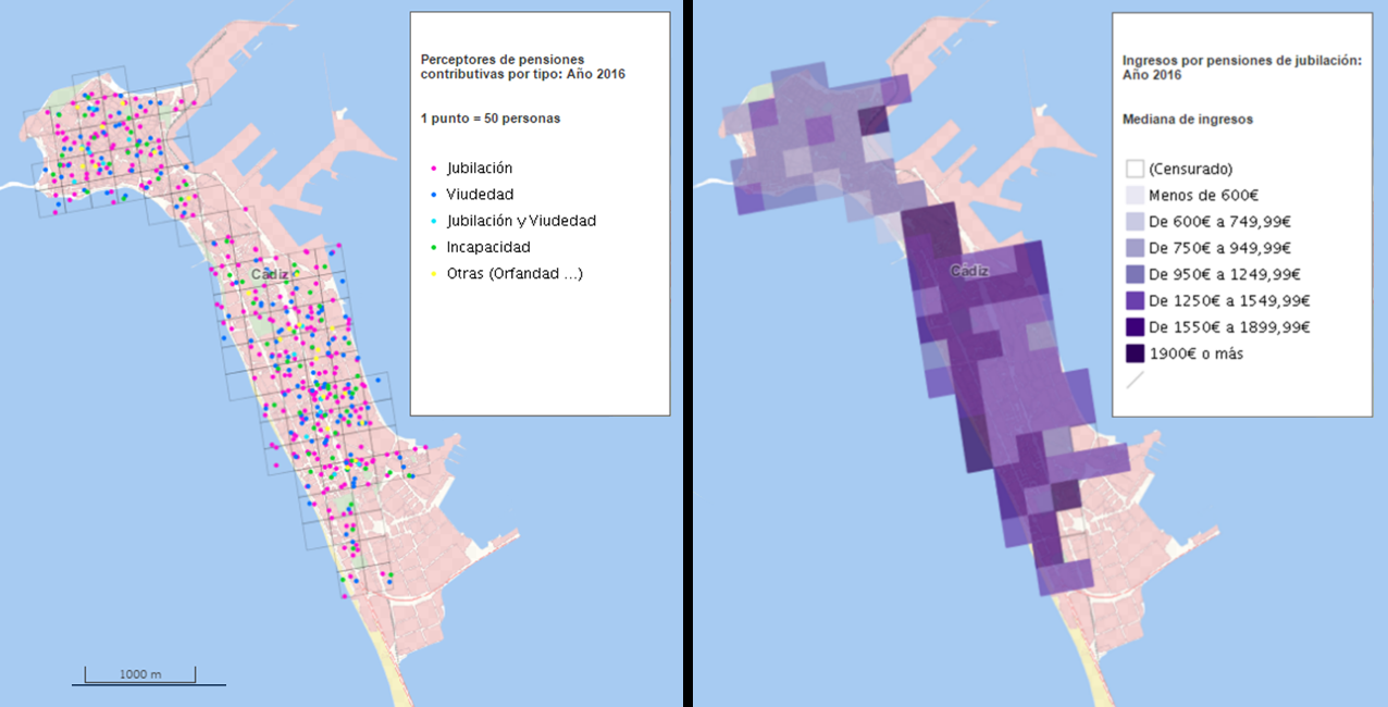 Visualizador cartográfico con la distribución de la población perceptora de pensiones contributivas según tipo de pensión de la Seguridad Social y mediana de ingresos por pensiones de jubilación, centrado en el municipio de Cádiz