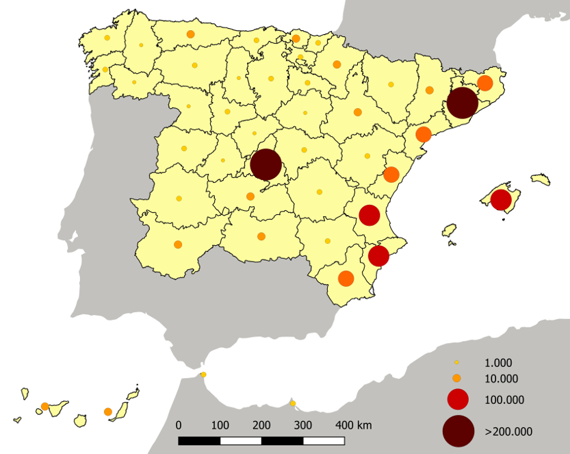 Distribución provincial de la población nacida en Andalucía y residente en el resto de España. 2017