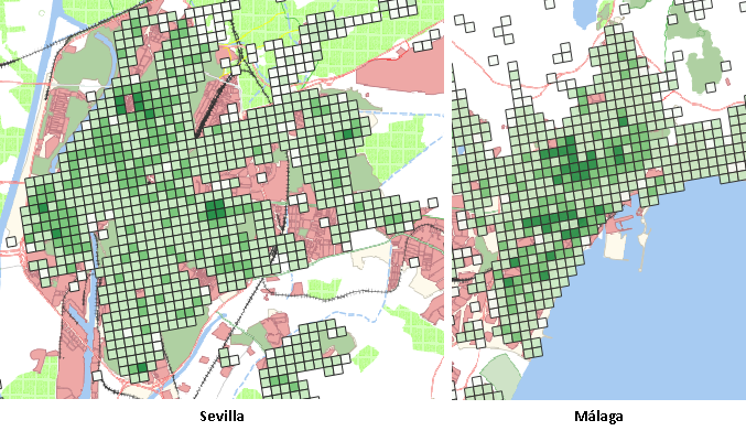 Distribución de la población con menos de 5 años de residencia en Sevilla y Málaga