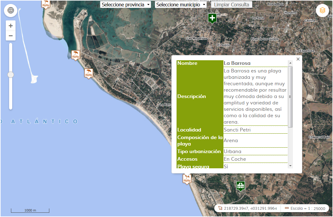 Visor cartográfico de playas de Andalucía. Detalle sobre La Barrosa (Cádiz)