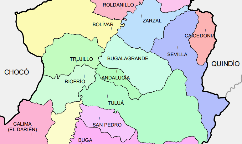 Mapa parcial de división político administrativa del Valle del Cauca (Colombia) centrada sobre el municipio de Andalucía, cerca del cual se puede localizar el de Sevilla