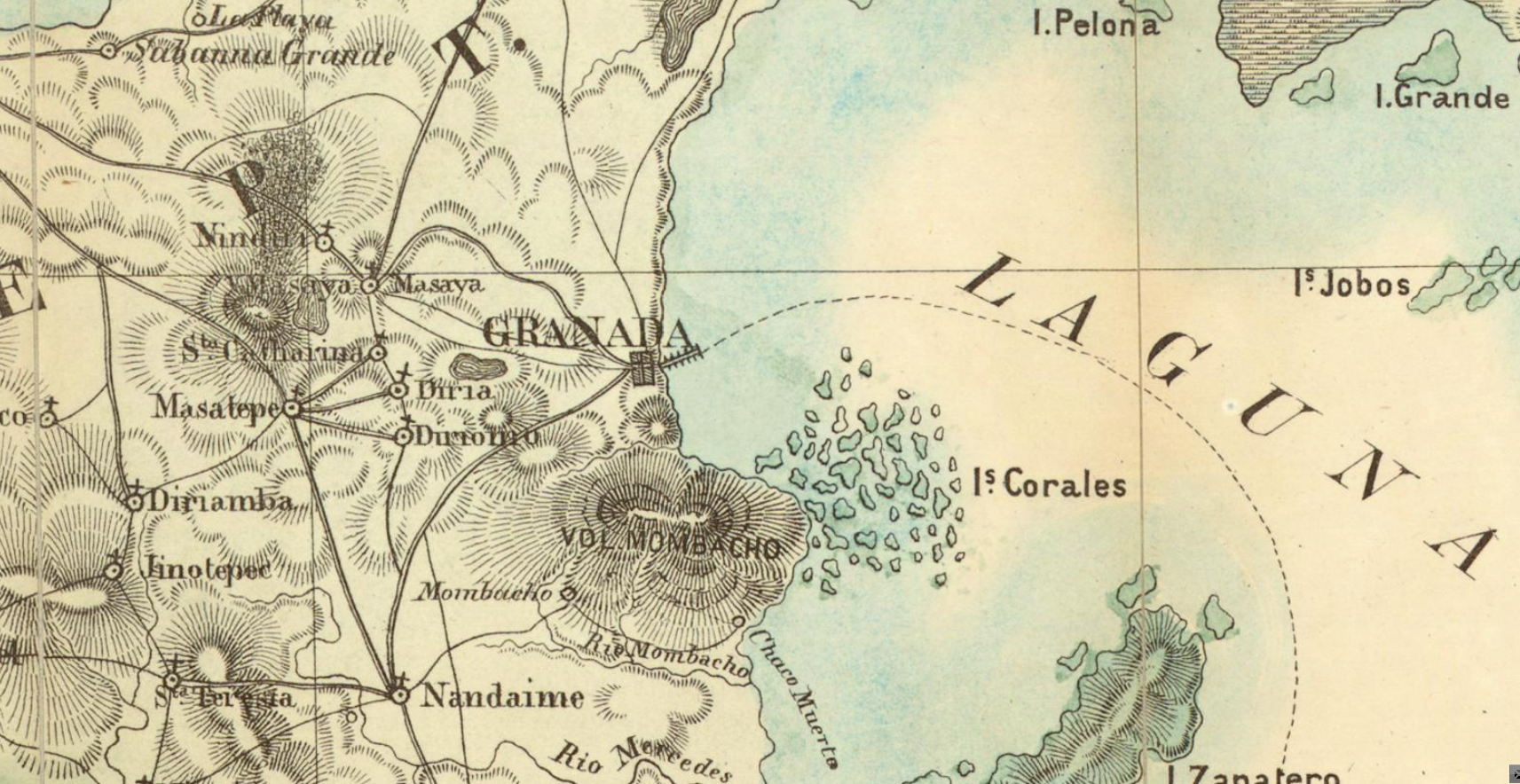 Mapa de la Republica de Nicaragua (1859) de Maximilian von Sonnenstern. Centrado sobre la ciudad de Granada, junto al volcán Mombacho y la laguna