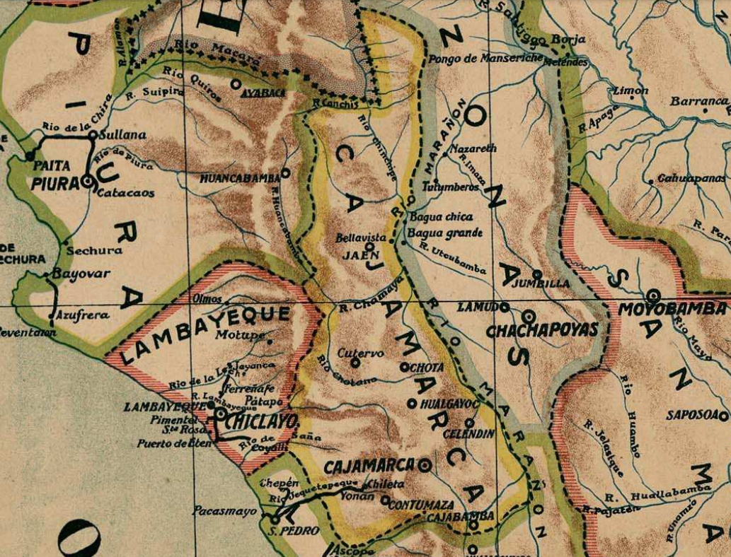 Mapa de el Perú en 1913 centrado en la región de Cajamarca con la ciudad de Jaén en la parte norte