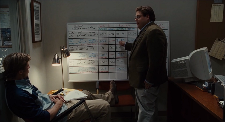 El analista de datos de Moneyball le enseña a Brad Pitt su método para hacer fichajes para el equipo de manera objetiva