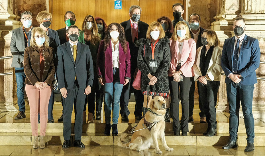 
			      Rocío Ruiz en el Parlamento con representantes de los partidos y asociaciones que han consensuado la Ley de perros de asistencia. 			    
			  