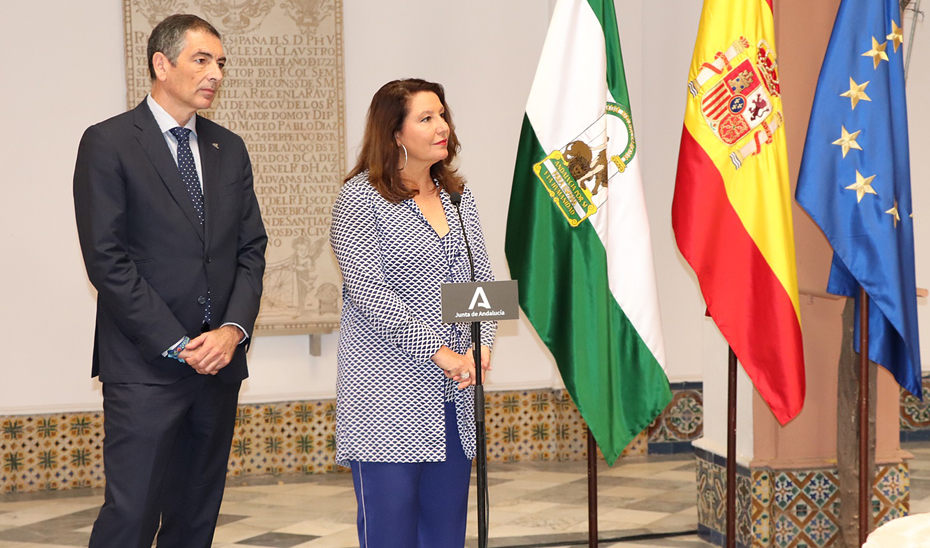La consejera Crespo, durante la rueda de prensa posterior a la constitución de la Comisión de Seguimiento de la Sequía en Andalucía.