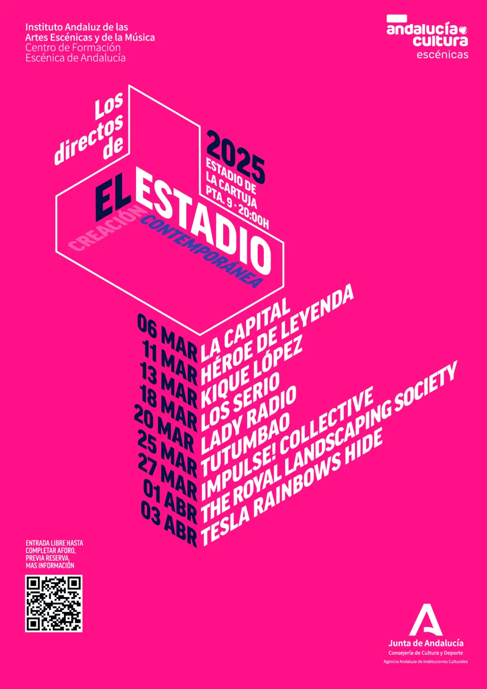 Cartel promocional de Los Directos del Estadio. Consta de un fondo rojo intenso con una tipografía moderna y asimétrica. Los nombres de los artistas, las fechas y la ubicación en blanco, con títulos en mayúsculas y subtítulos más pequeños. Un código QR ofrece más información. Cartel con estilo gráfico contemporáneo, centrado en la claridad y concisión de la información, con un diseño limpio y atractivo. El logotipo de la Junta de Andalucía y el texto "andalucía cultura escénicas" aparecen en la parte inferi