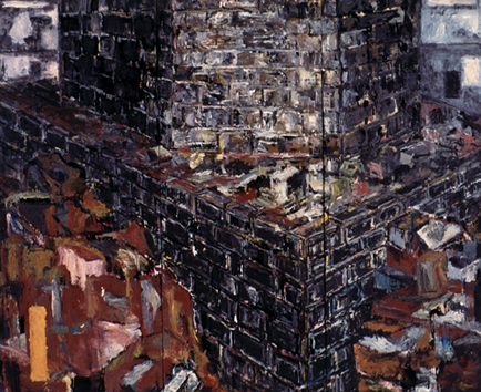 JUAN LACOMBA. Nocturno: cimientos de torre, 1985. leo sobre madera. 203 x 248 cm