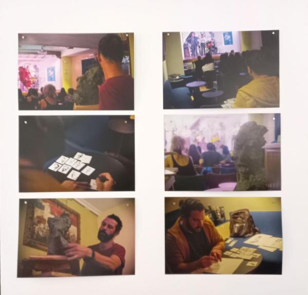 Seis fotos tomadas en el Tablao Los Gallos donde se muestra el proceso de creación de las obras de la exposición Tablao Flamenco