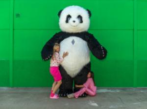 Oso panda con dos bailarinas abrazándolo