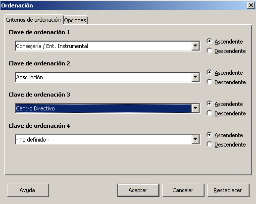 Opciones de ordenación