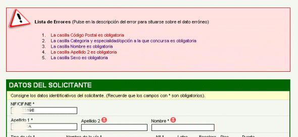 Pantalla de resultado de errores en la confección