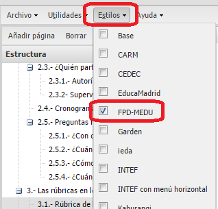 Captura de pantalla con el menú Estilos desplegado, y en él la opción FPD-MEDU seleccionada.