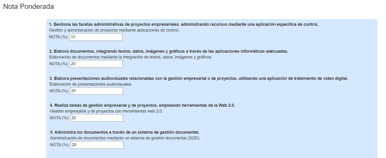 Ficha de ponderación de RAs Ficha ponderación RA