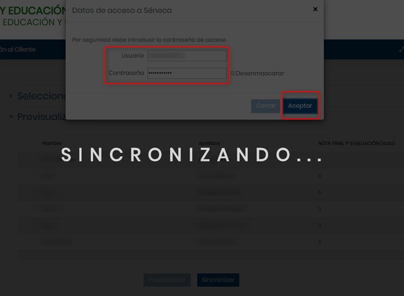 Exportación Séneca - Sincronizando