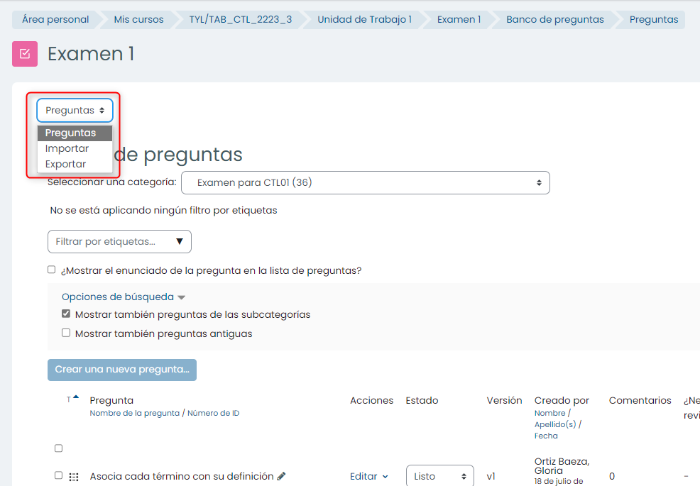 importar u exportar preguntas