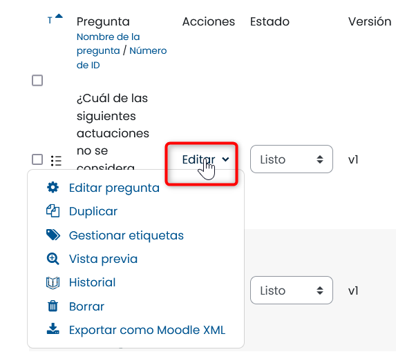 Opciones en el banco de preguntas Opciones en el banco de preguntas