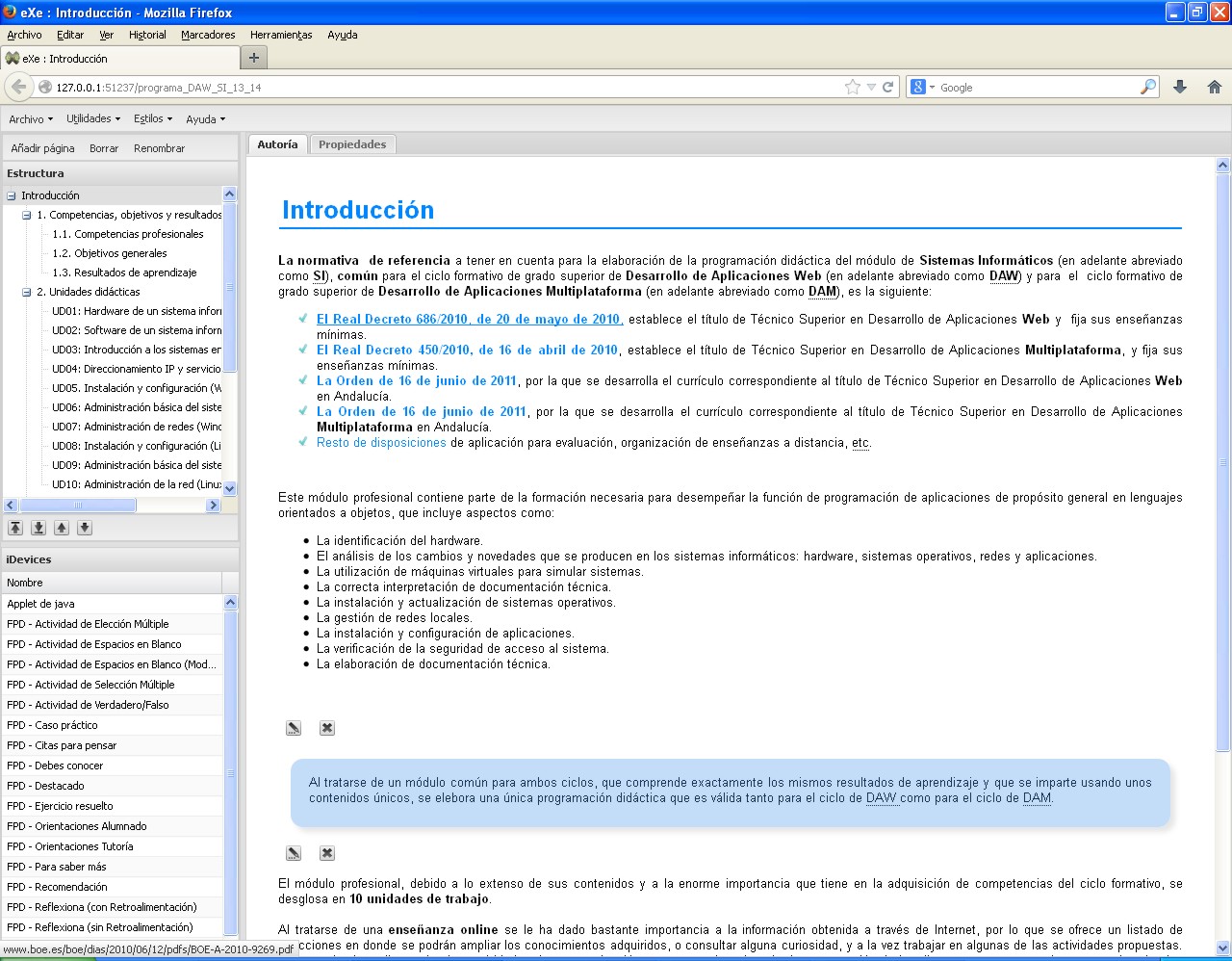 Programación docente en eXeLearning. Captura de pantalla de eXeLearning para la Programación docente de un módulo, en la que se aprecia el índice de apartados que incluye, y el aspecto de la primera página de introducción.