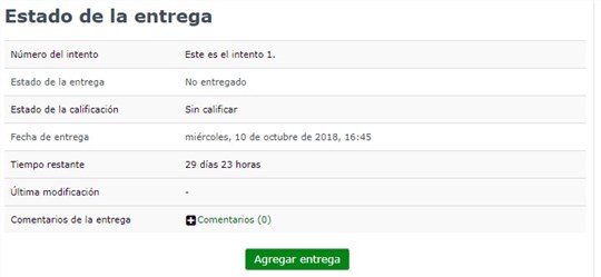 Estado de la entrega, en el aula virtual. Vista del alumnado