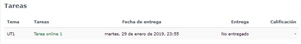 Aula virtual - vista del alumnado - Listado de tareas