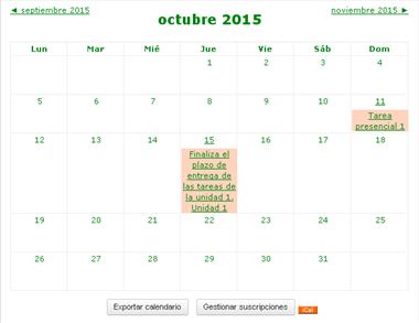 Fechas de entrega de tareas en el calendario del curso