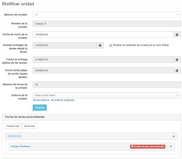 Unidad donde el profesor ha personalizado las fechas para las tareas