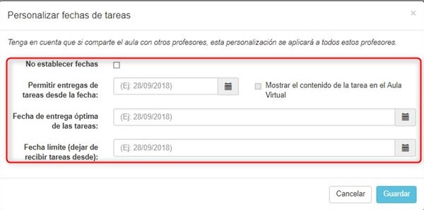 Opciones para personalizar las fechas de tareas