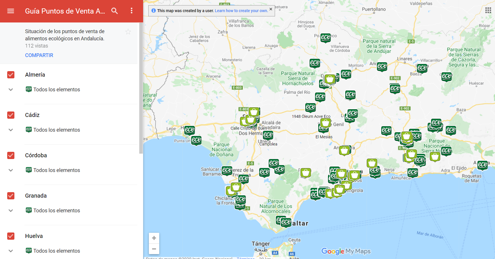 mapa de la guía de los puntos de venta y los ecomercados de Andalucía