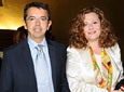 El director general de la RTVA, Pablo Carrasco, y la directora de
          Servicios Informativos, Pilar Vergara, tras el acto institucional del Día de
          Andalucía en el Teatro de la Maestranza.