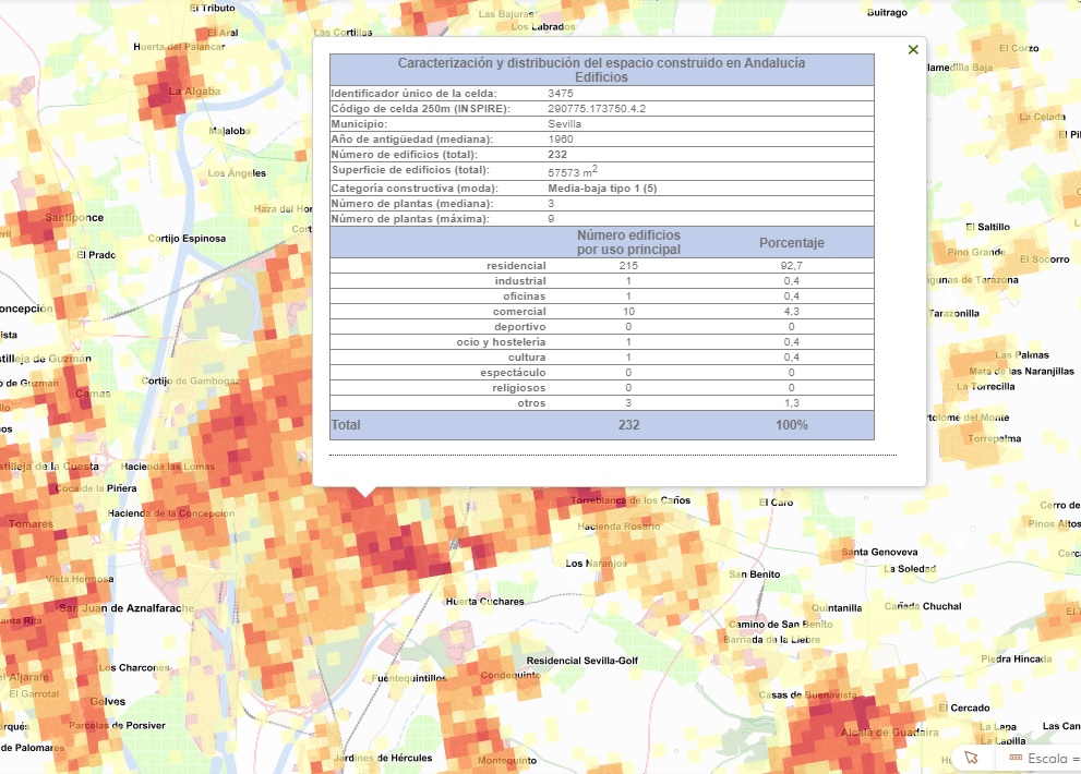 Información asociada a una celda de la ciudad de Sevilla en el visor de edificios