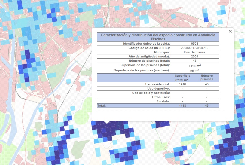 Información asociada a una celda de Dos Hermanas (Sevilla) en el visor de piscinas