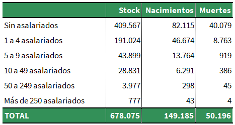 Stock, nacimientos y muertes según tramos de asalariados. Año 2020