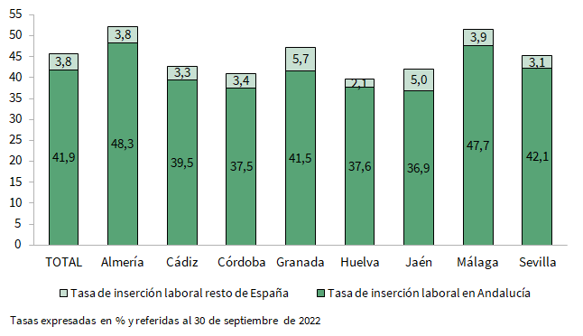 Tasa de inserción laboral de la promoción 2020-2021 un año después de egresar por provincia del centro docente de egreso según el lugar de trabajo
