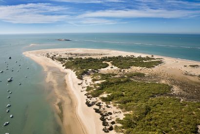 Imagen aerea de playa: se observan dunas y algunos pinos, así como pequeños barcos en el mar.