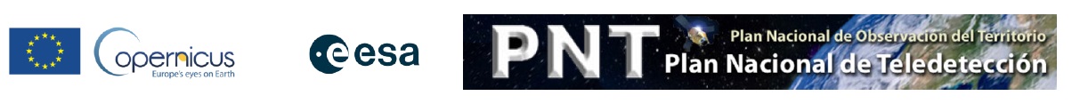 Logos UE, Programa Copernicus y Agencia Espacial Europea junto a la imagen distintiva del Plan Nacional de Teledetección