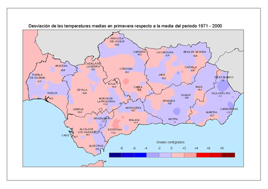Desviación de las temperaturas medias en primavera respecto a la media del periodo 1971 – 2000 