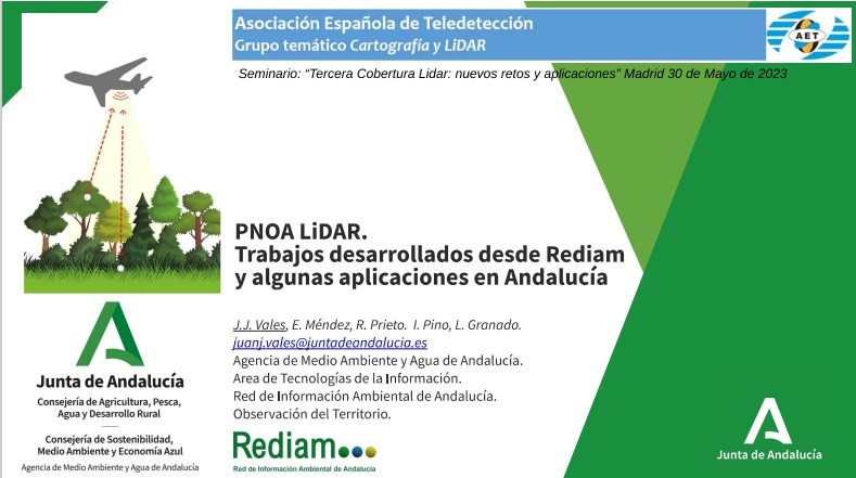 Imagen con texto: Asociación Española de Teledetección Grupo Temático Cartografía LiDAR. PNOA LiDAR. Trabajos desarrollados desde Rediam y algunas aplicaciones en Andalucía