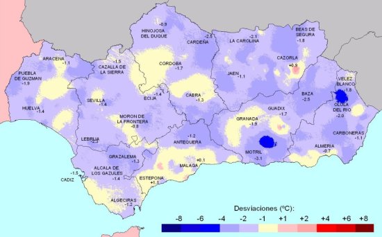 Desviación de las temperaturas medias en Invierno con respecto a la media del periodo 1971 - 2000