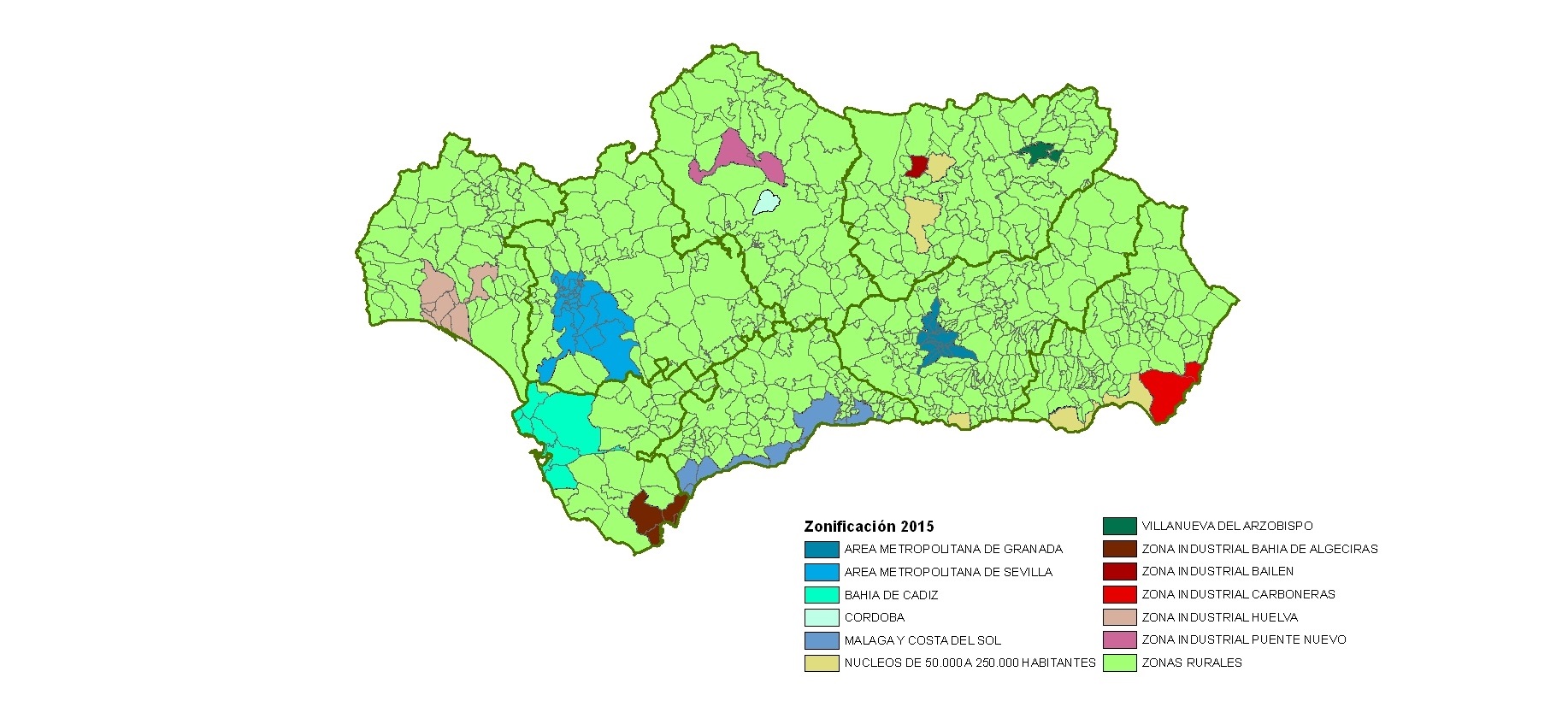 Mapa de zonificación de los Planes de Calidad del Aire en Andalucía