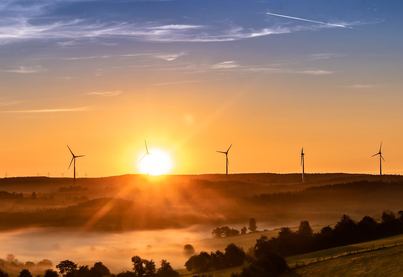 Turbinas eólicas al amanecer en el campo