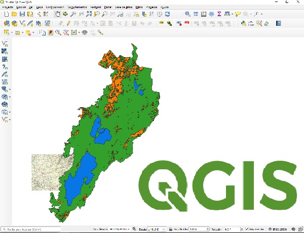 Pantallazo de la aplicación QGIS en la que se ve toda la barra de herramientas