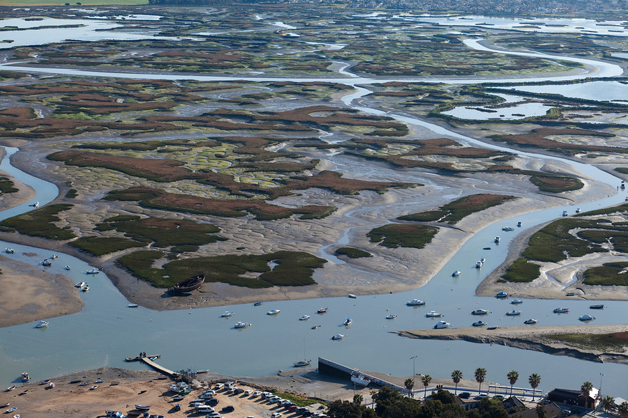 Ampliar imagen: vista aerea del caño del Molino en su cinfluencia con el Caño de Sancti Petri, durante la bajamar. En ella se aprecia un pequeño embarcadero y pequeños barcos de pesca. Se observa la planeidad de un terreno de marisma y de limos, muy dividido por caños de agua que lo serpentean dejando a la vista pequeños islotes en los que se distingue la parte que no queda cubierta de agua con la pleamar, por la presencia de una vegetación a modo de tapiz muy bajo.