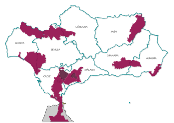 Mapa de Andalucía por provincias con los límites de las Reservas de la Biosfera 