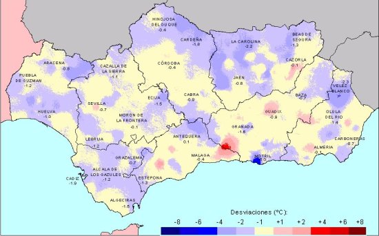 Desviación de las temperaturas medias en Otoño con respecto a la media del periodo 1971-2000