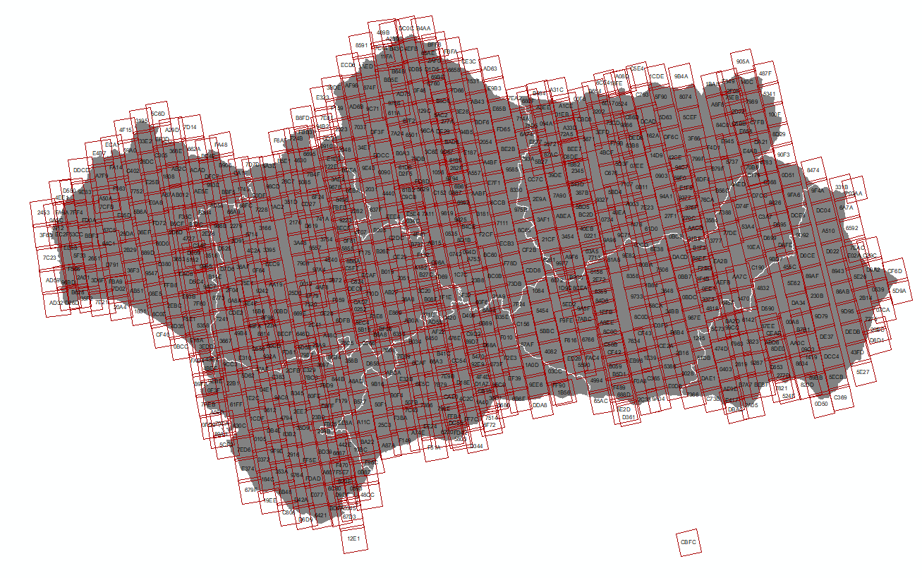 Ampliar imagen: distribución de cuadrículas que marcan el espacio que cubre cada imagen del Geosat2-2022 en el mapa de Andalucía