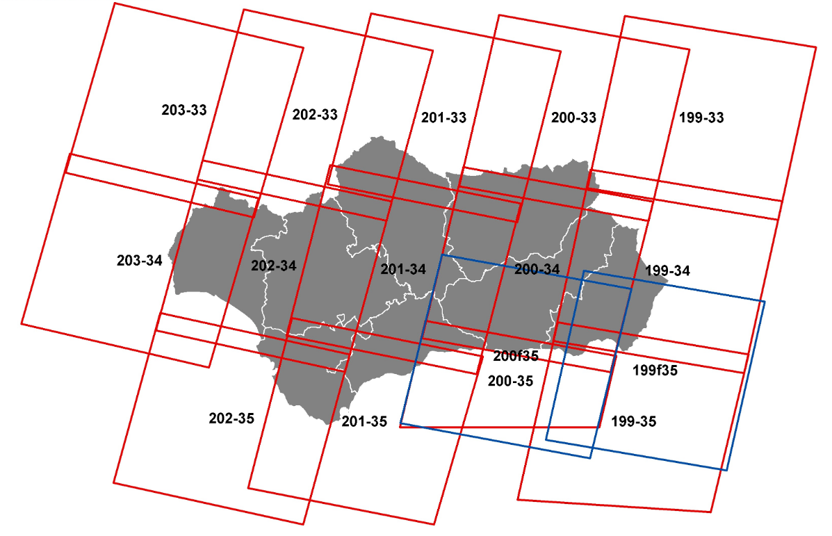 Ampliar imagen: distribución de cuadrículas que marcan el espacio que cubre cada imagen del LANDSAT5-TM en el mapa de Andalucía