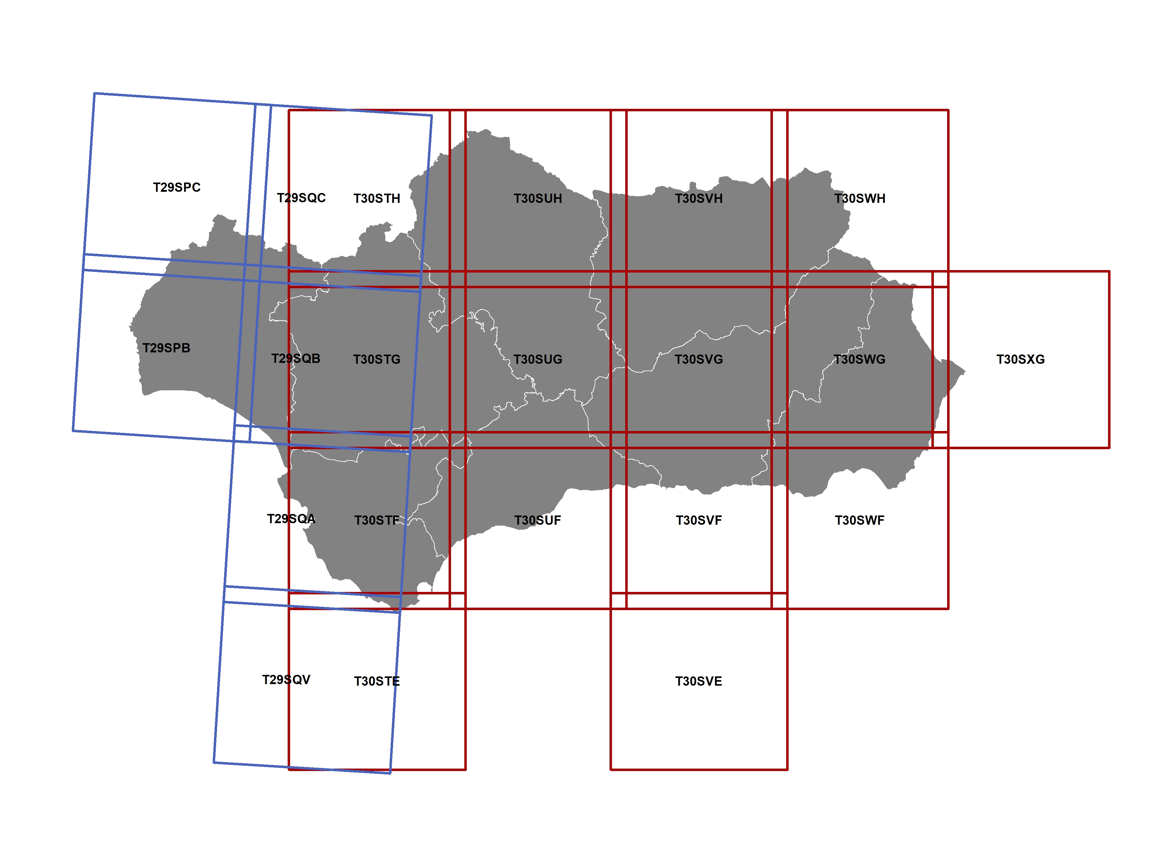 Ampliar imagen: distribución de cuadrículas que marcan el espacio que cubre cada imagen del SENTINEL-2 en el mapa de Andalucía