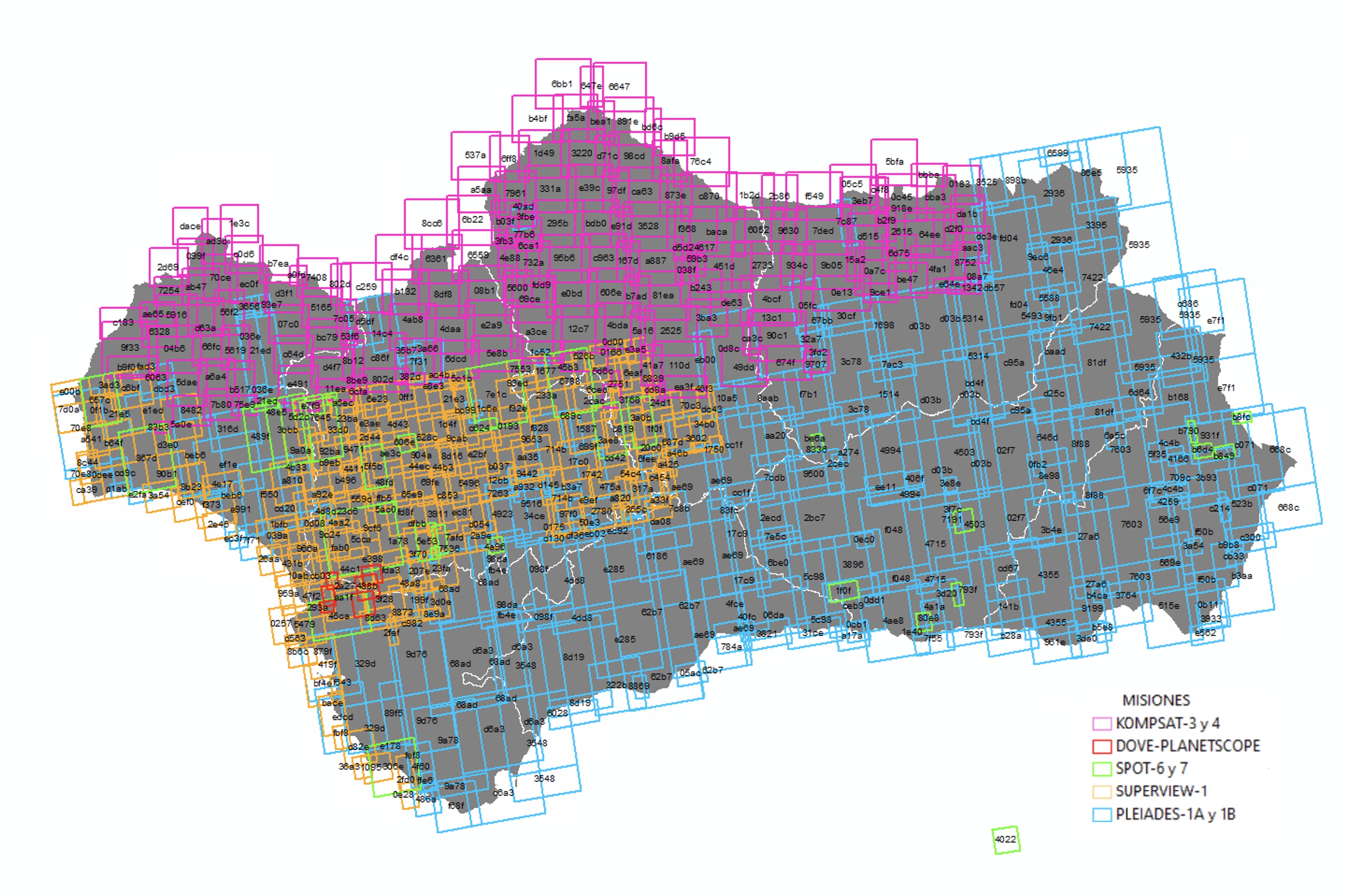 Ampliar imagen: cuadrículas que cubre cada imagen del CORE VHR 2018 (PNT) en el mapa de Andalucía (en colores según satélites)
