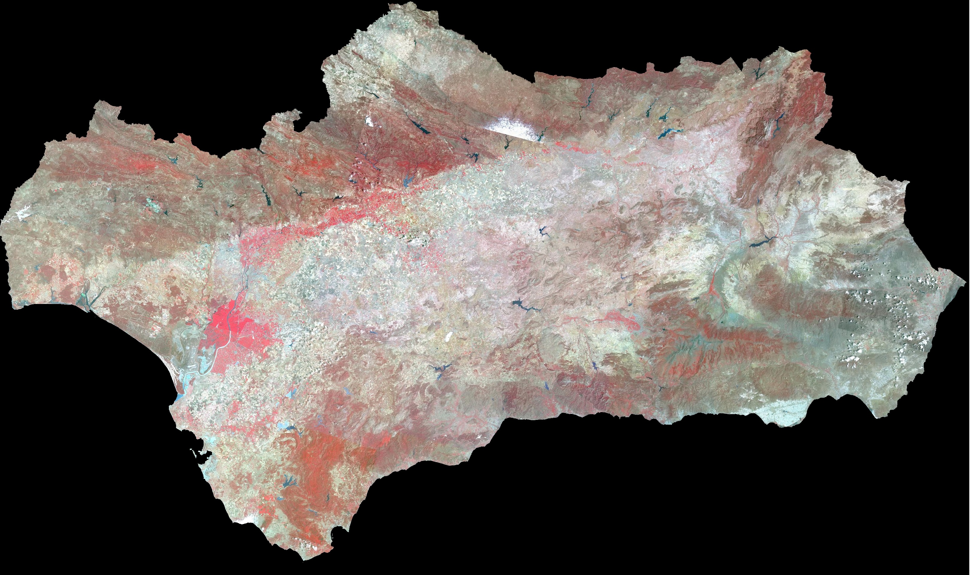 Ampliar imagen: mosaico de imágenes de satélite SPOT 5 HRG (2014) del mapa de Andalucía